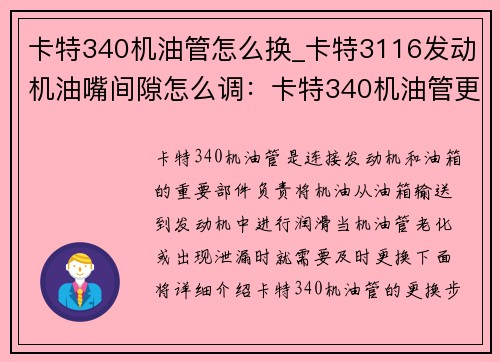 卡特340机油管怎么换_卡特3116发动机油嘴间隙怎么调：卡特340机油管更换步骤详解